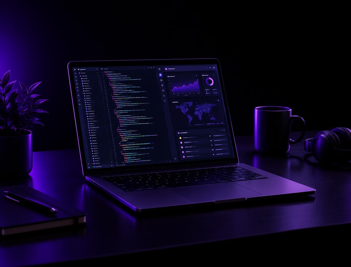Notebook com código e dashboard em ambiente escuro com iluminação roxa
